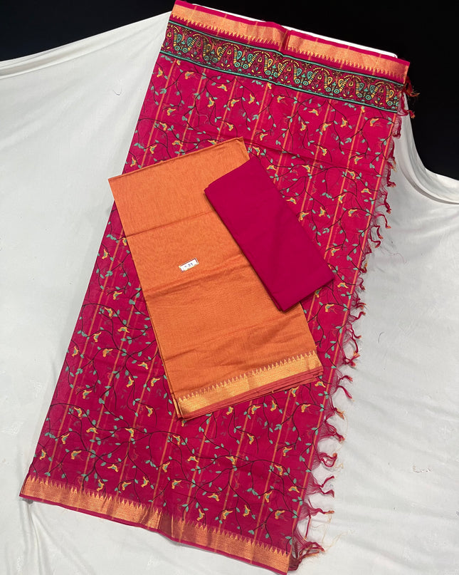 Mangalagiri Cotton Dress Material with PInk Chunni with Orange Colour