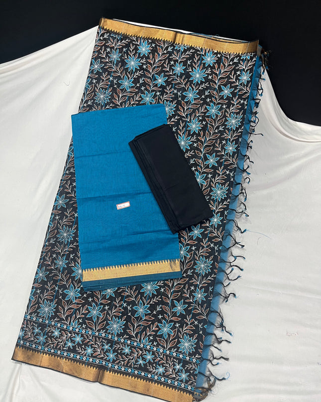 Mangalagiri Cotton Dress Material with Black Chunni with Blue Colour