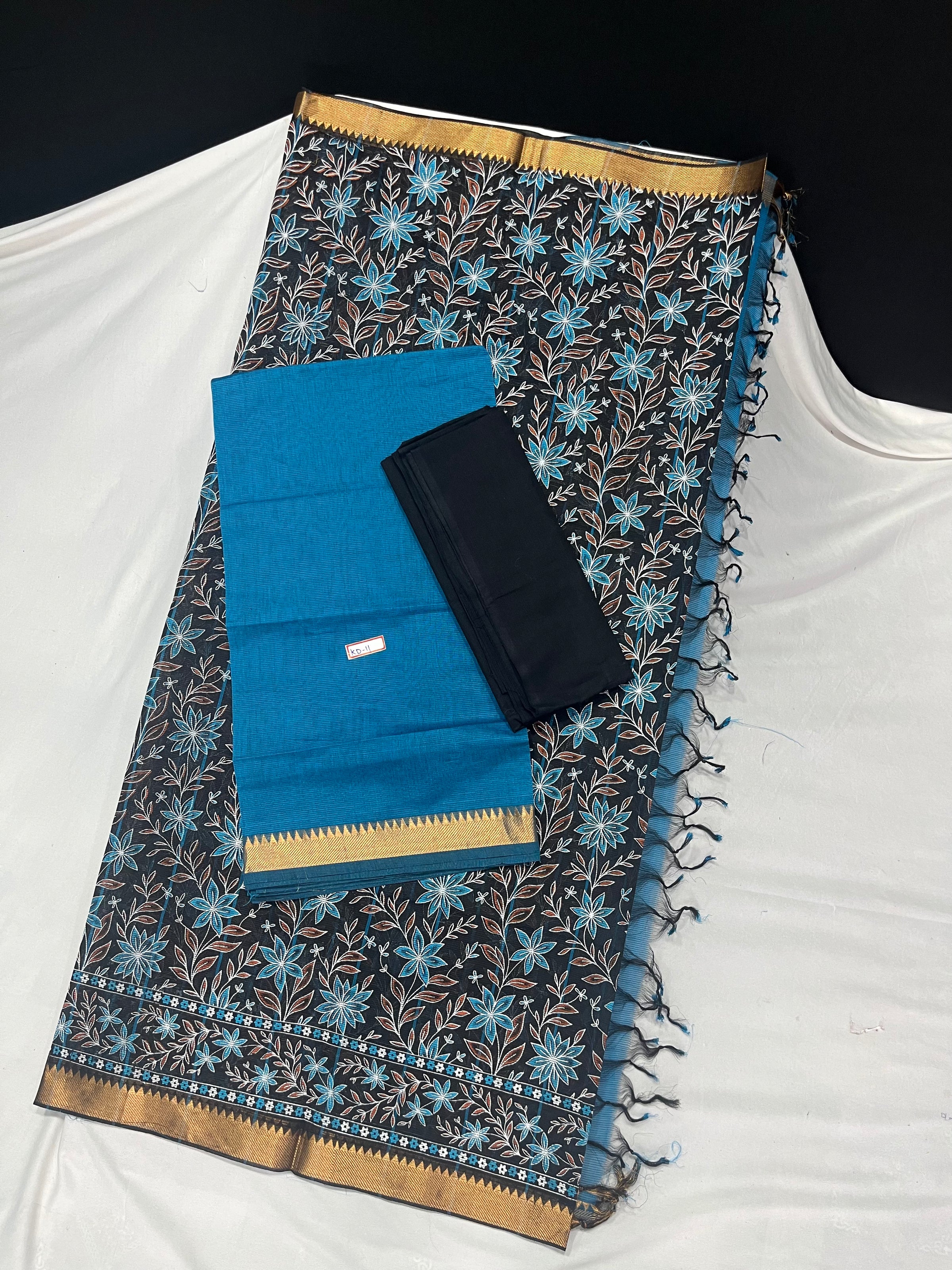 Mangalagiri Cotton Dress Material with Black Chunni with Blue Colour