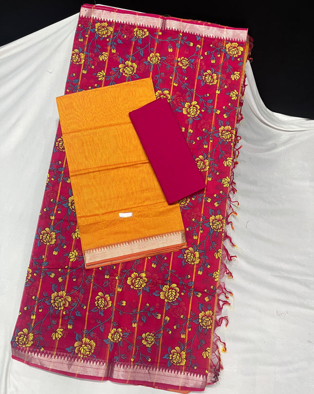 Mangalagiri Cotton Dress Material with Pink Chunni with Yellow Colour