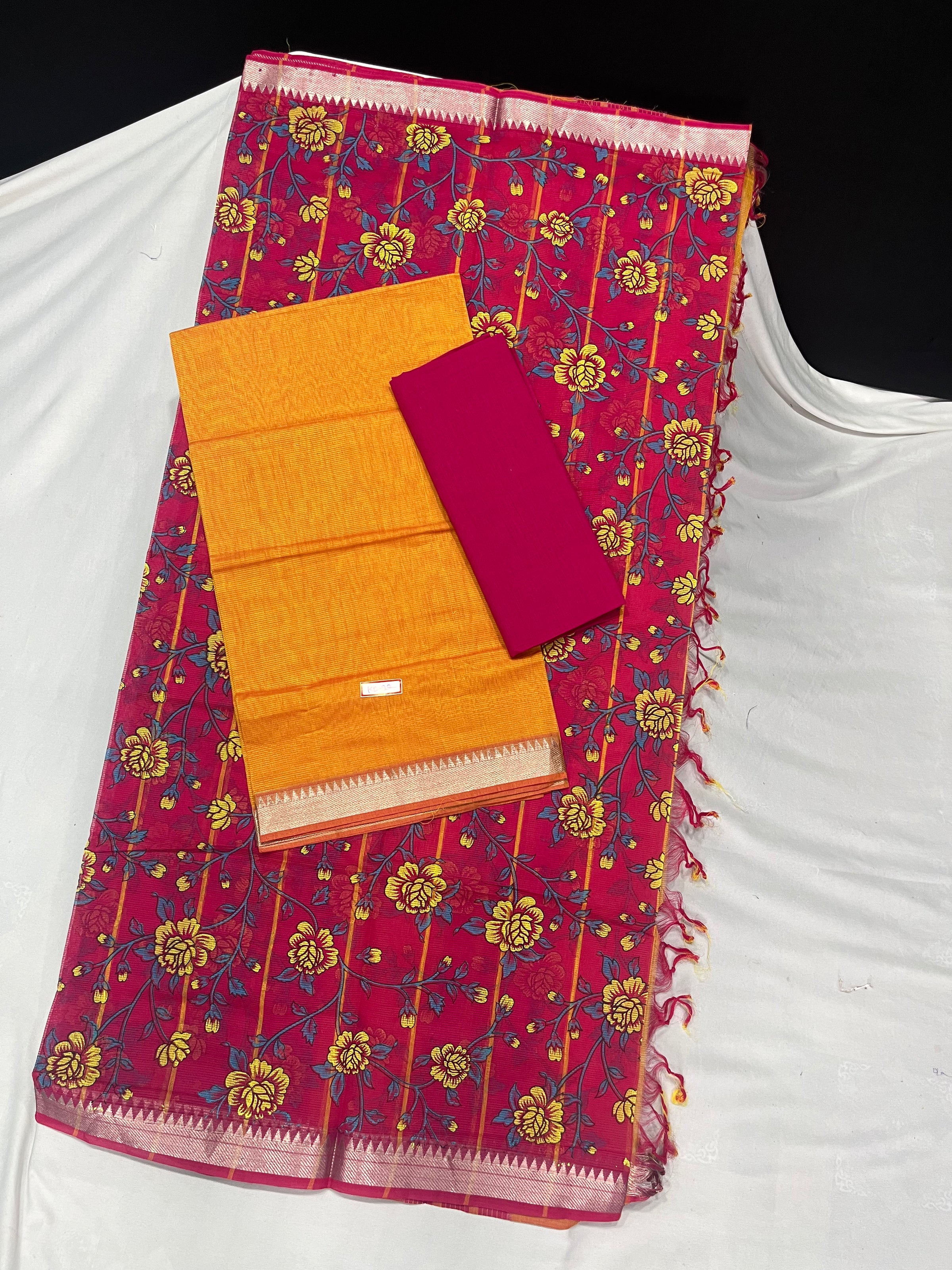 Mangalagiri Cotton Dress Material with Pink Chunni with Yellow Colour
