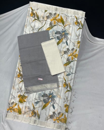 Mangalagiri Cotton Dress Material with White Chunni with Gray Colour
