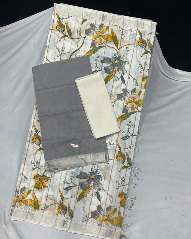 Mangalagiri Cotton Dress Material with White Chunni with Gray Colour