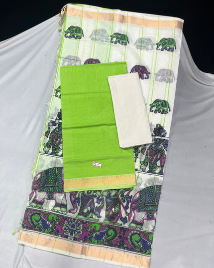 Mangalagiri Cotton Dress Material with White  Chunni with Parrot Green Colour