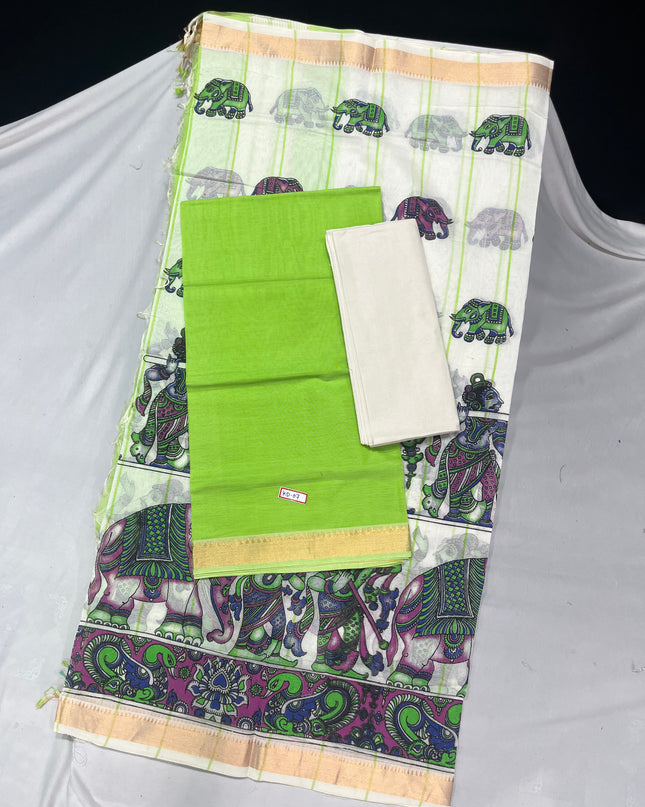 Mangalagiri Cotton Dress Material with White  Chunni with Parrot Green Colour
