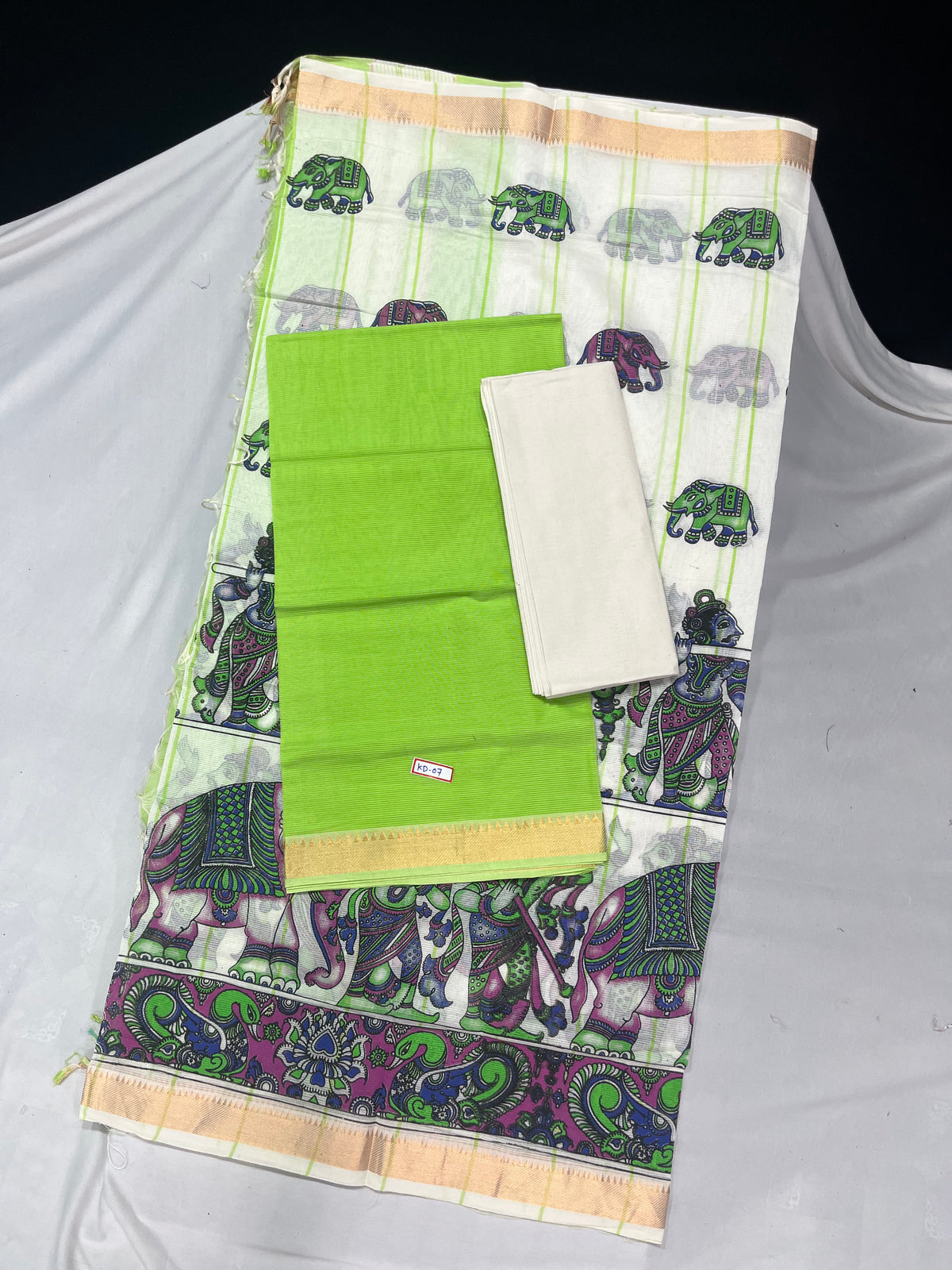 Mangalagiri Cotton Dress Material with White  Chunni with Parrot Green Colour