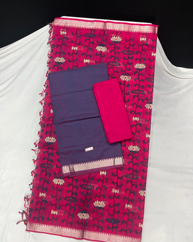 Mangalagiri Cotton Dress Material with Pink Chunni with Dark Blue Colour