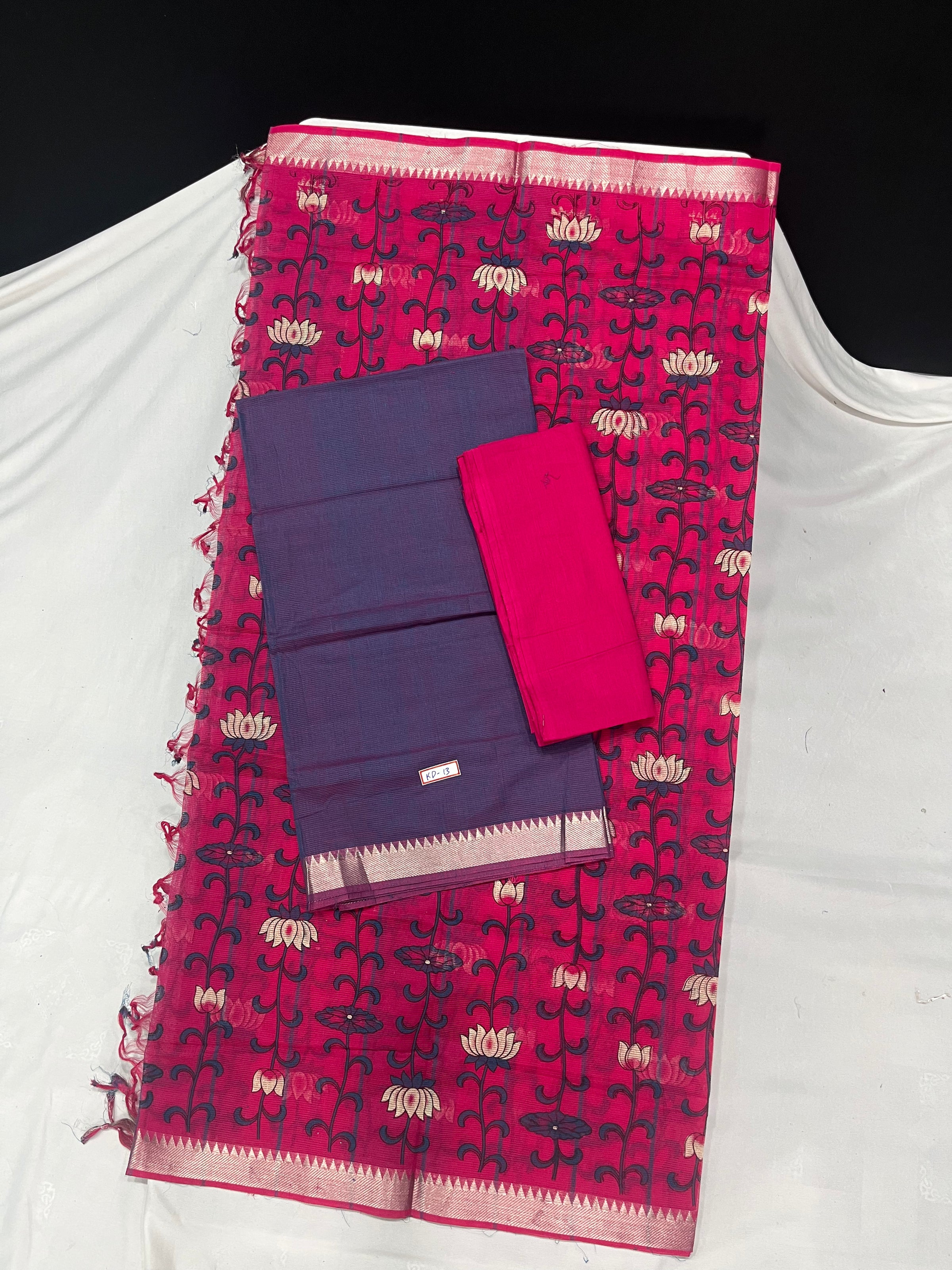 Mangalagiri Cotton Dress Material with Pink Chunni with Dark Blue Colour