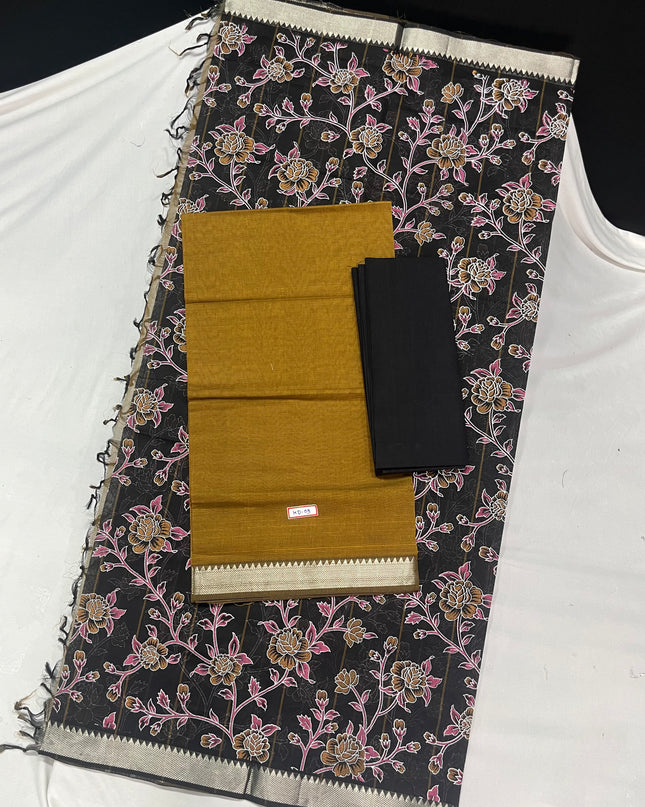 Mangalagiri Cotton Dress Material with Black Chunni with Brown Colour