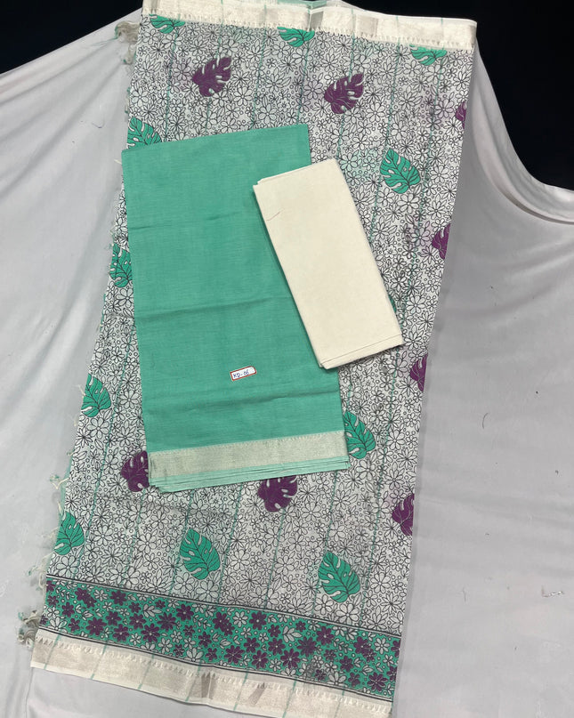 Mangalagiri Cotton Dress Material with Gray Chunni with Sky Blue Colour