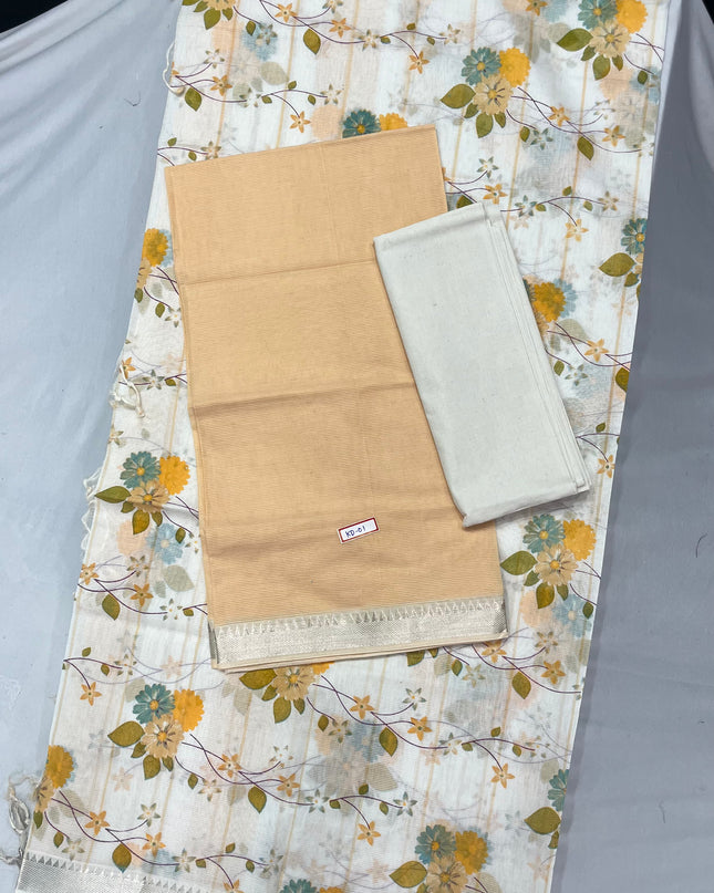 Mangalagiri Cotton Dress Material with White Chunni with Beige Colour