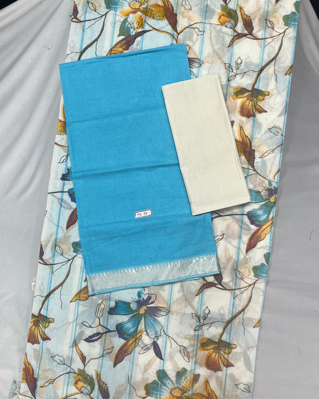 Mangalagiri Cotton Dress Material with White Chunni with Sky Blue Colour