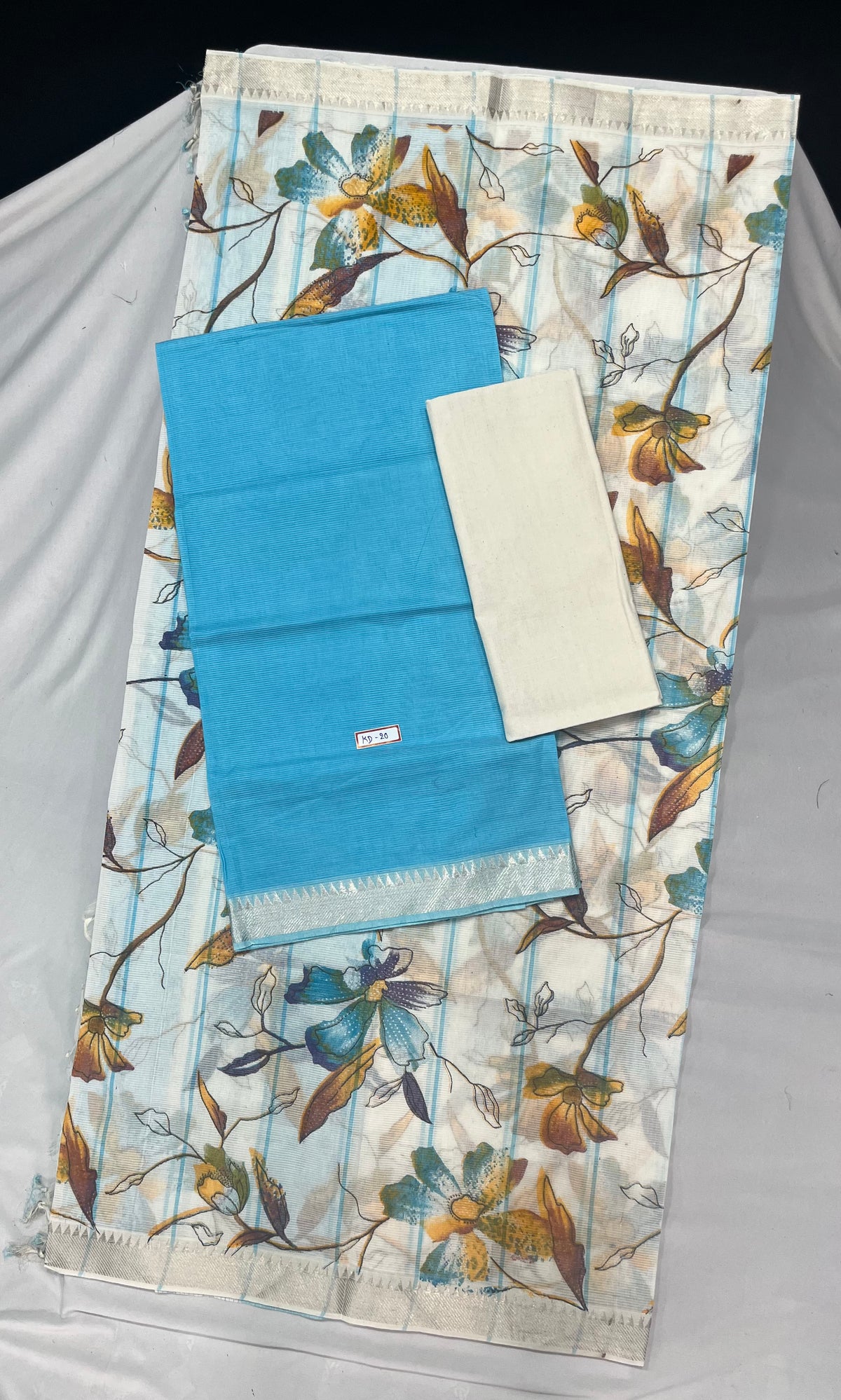 Mangalagiri Cotton Dress Material with White Chunni with Sky Blue Colour