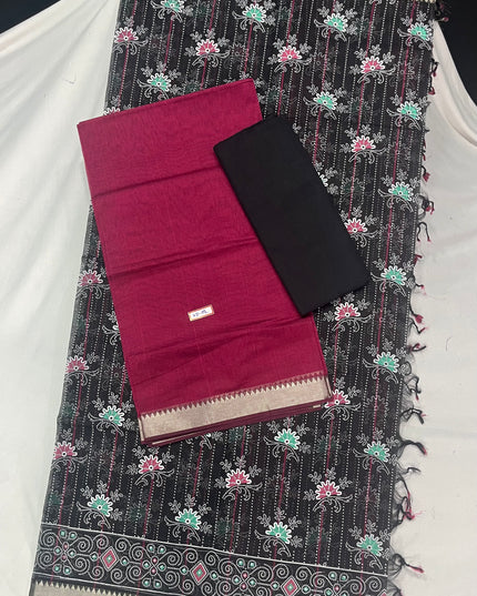Mangalagiri Cotton Dress Material with Black Chunni with Red Colour