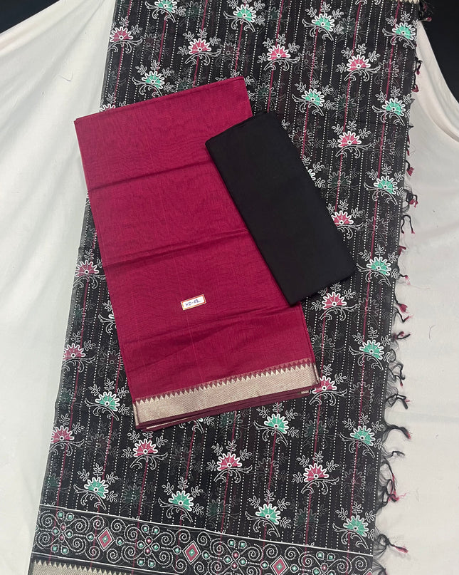 Mangalagiri Cotton Dress Material with Black Chunni with Red Colour