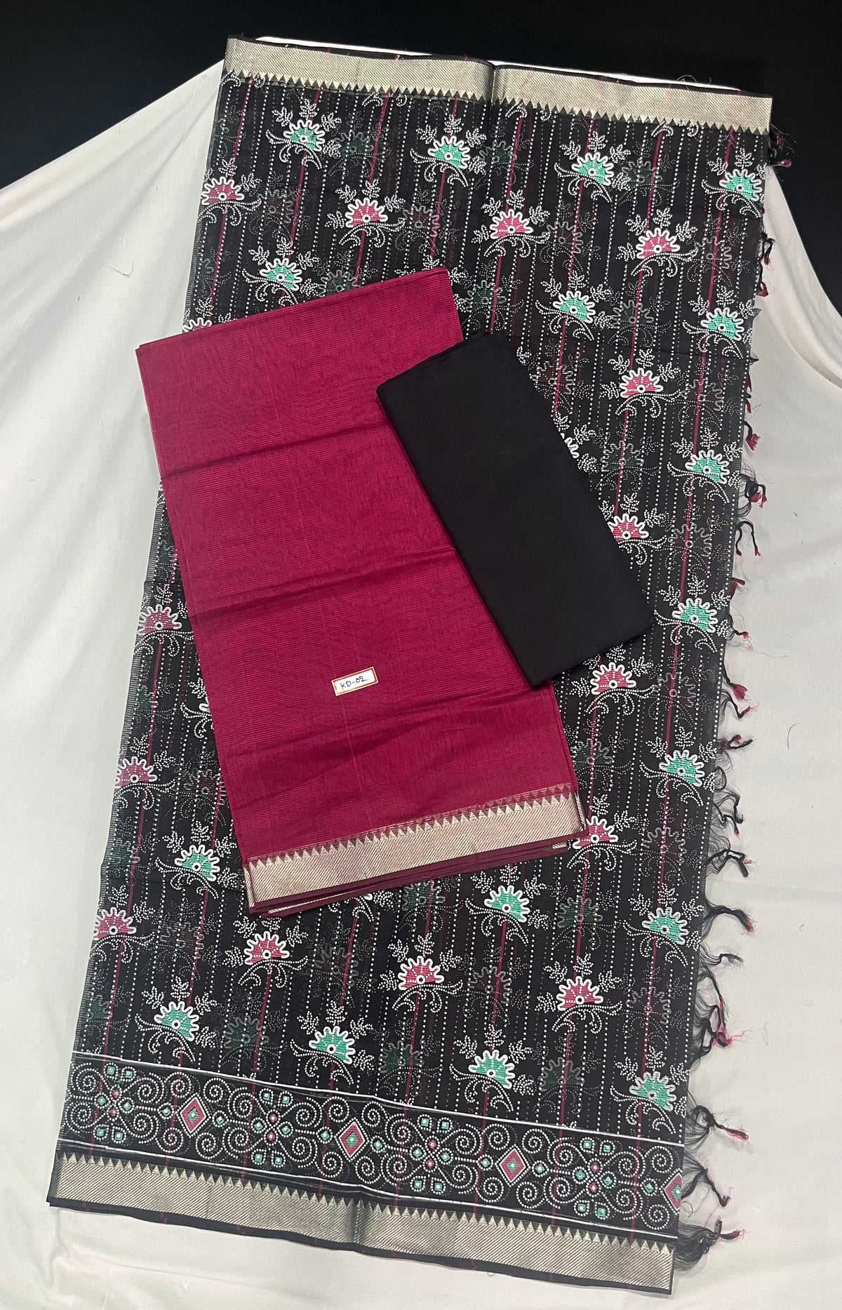 Mangalagiri Cotton Dress Material with Black Chunni with Red Colour