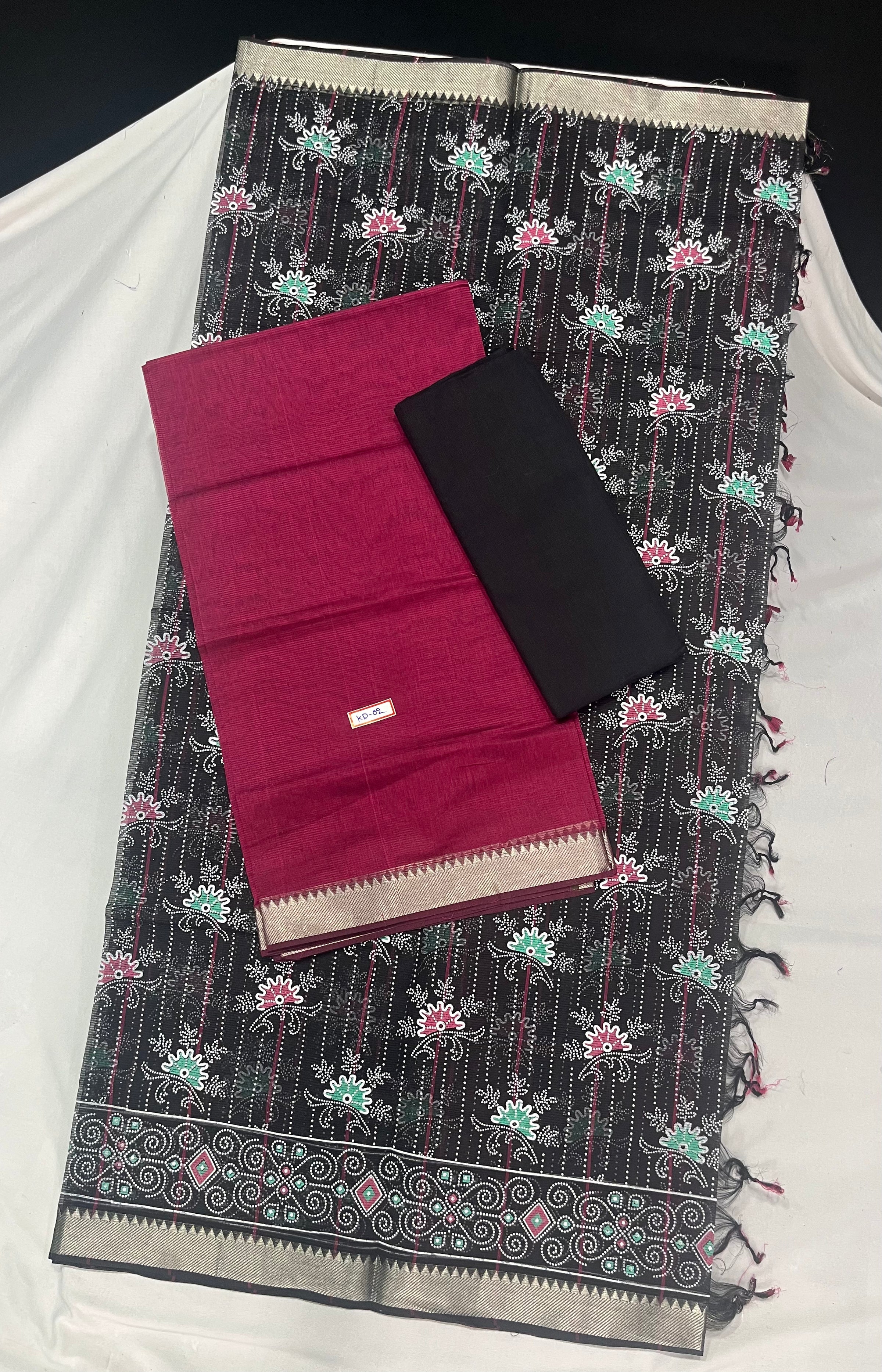 Mangalagiri Cotton Dress Material with Black Chunni with Red Colour