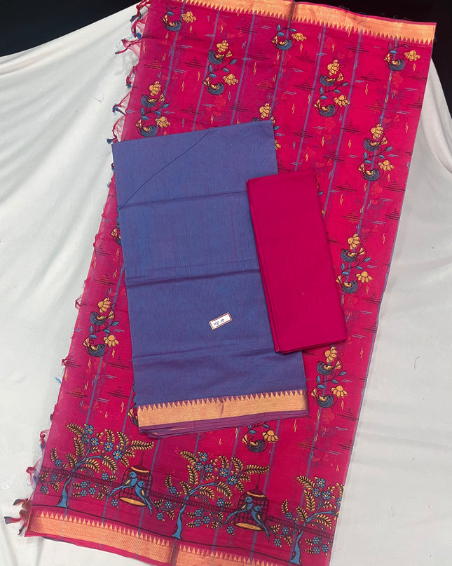 Mangalagiri Cotton Dress Material with Pink Chunni with Dark Blue Colour