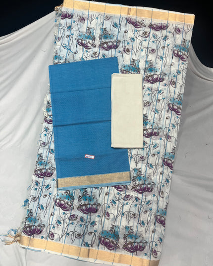 Mangalagiri Cotton Dress Material with White Chunni with Blue Colour