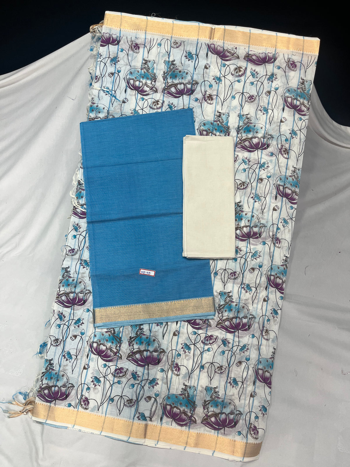 Mangalagiri Cotton Dress Material with White Chunni with Blue Colour