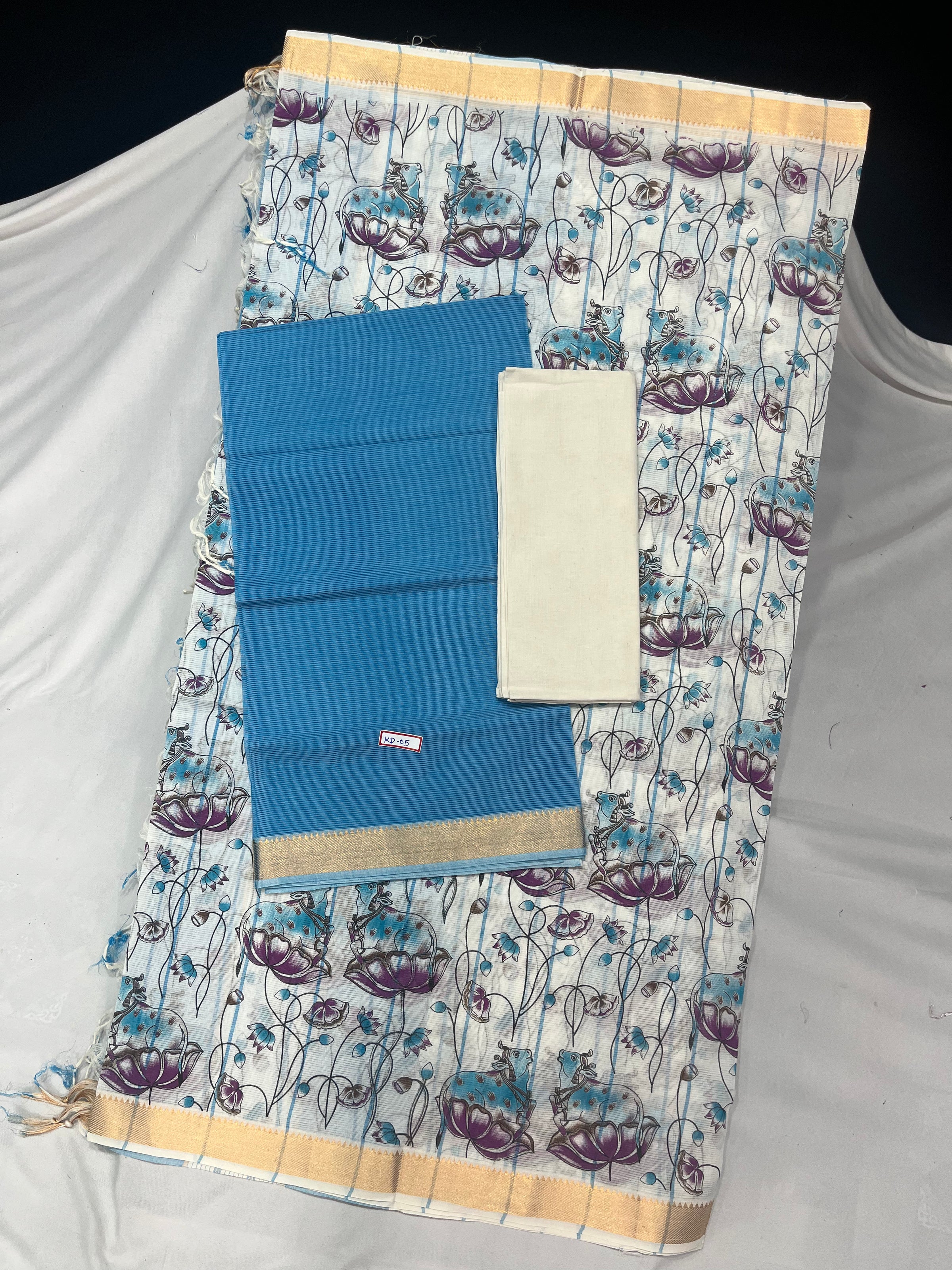Mangalagiri Cotton Dress Material with White Chunni with Blue Colour