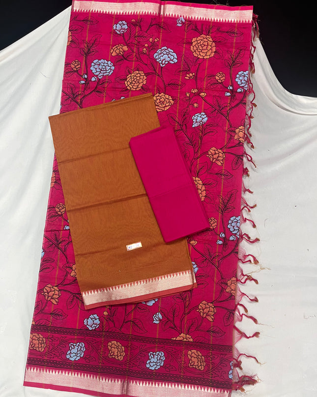 Mangalagiri Cotton Dress Material with Pink Chunni with Brown Colour