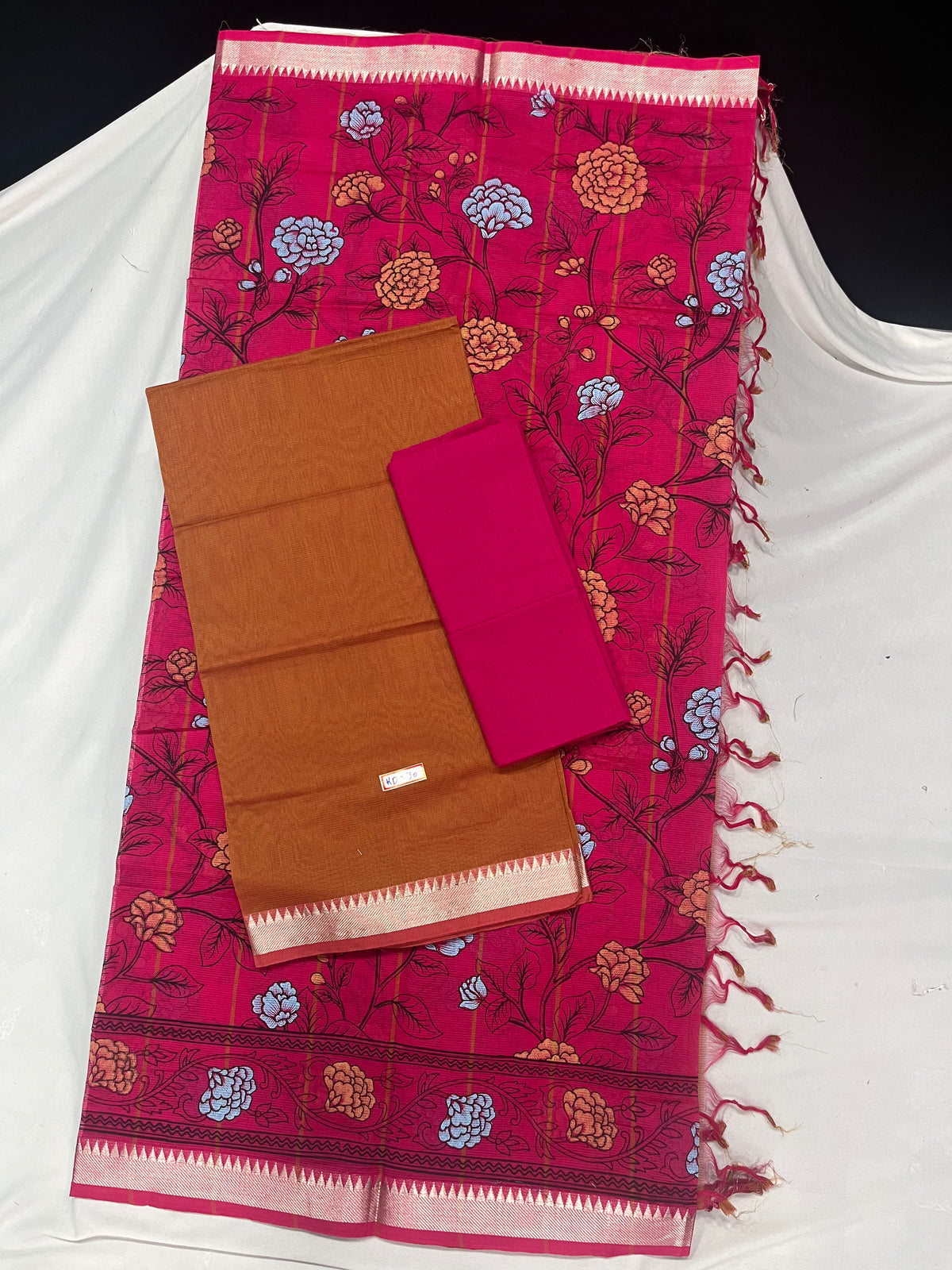 Mangalagiri Cotton Dress Material with Pink Chunni with Brown Colour