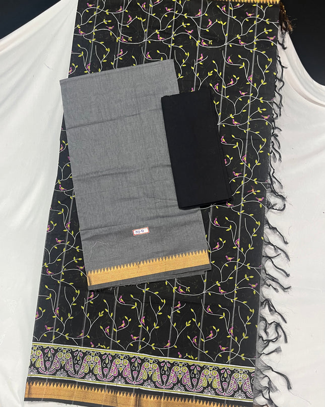 Mangalagiri Cotton Dress Material with Black Chunni with Gray Colour