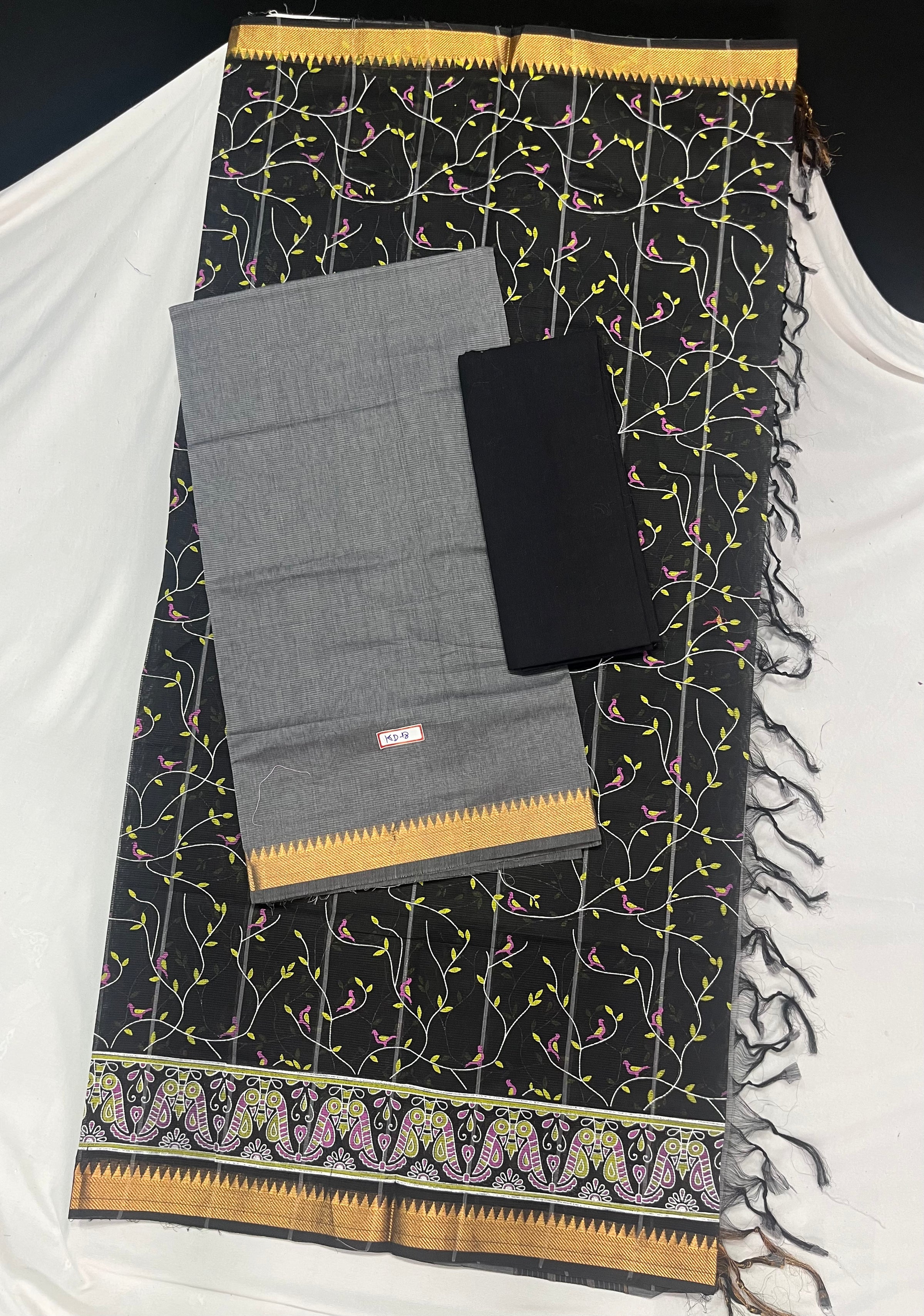 Mangalagiri Cotton Dress Material with Black Chunni with Gray Colour