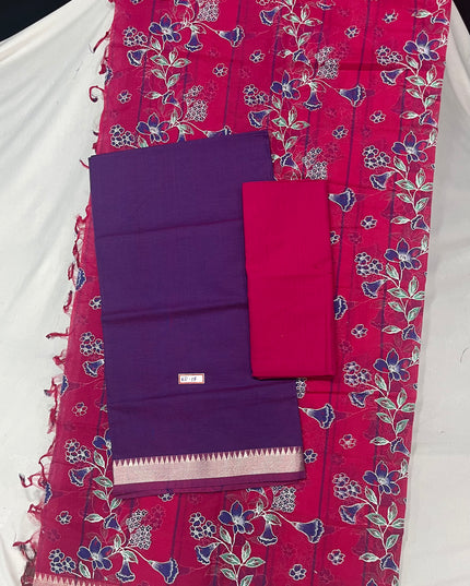 Mangalagiri Cotton Dress Material with Pink Chunni with Purple Colour