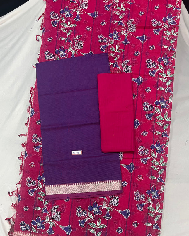 Mangalagiri Cotton Dress Material with Pink Chunni with Purple Colour