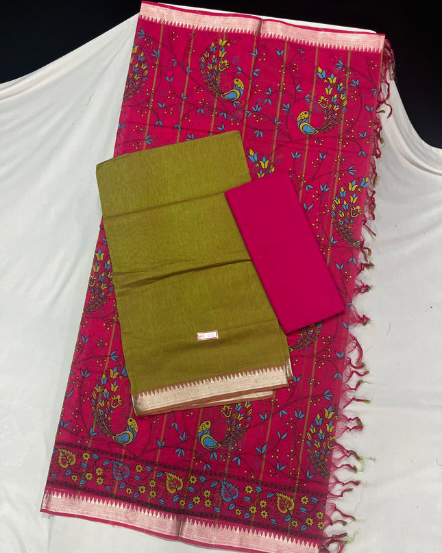 Mangalagiri Cotton Dress Material with Pink Chunni with Drak Green Colour
