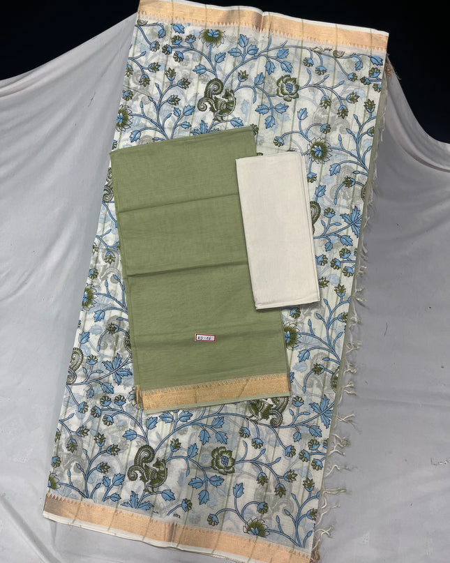 Mangalagiri Cotton Dress Material with White Chunni with Olive Green Colour