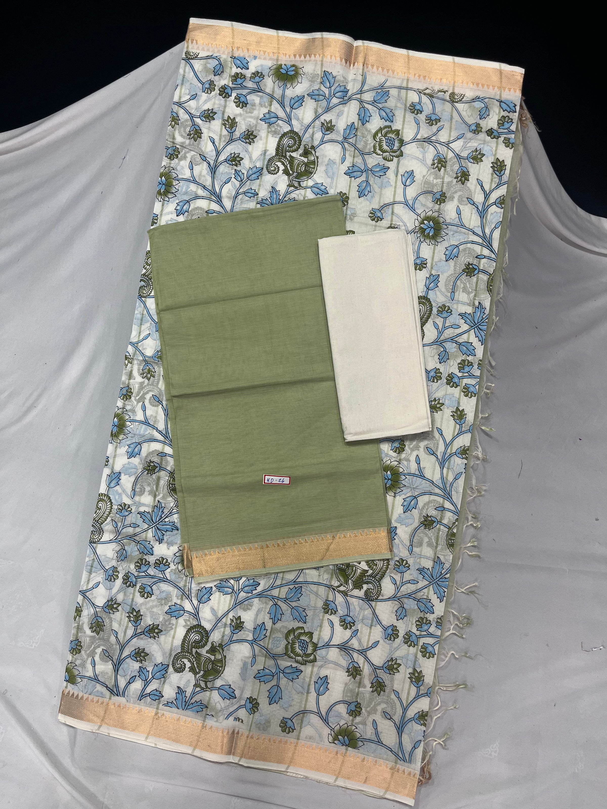 Mangalagiri Cotton Dress Material with White Chunni with Olive Green Colour