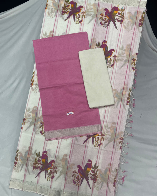 Mangalagiri Cotton Dress Material with  White Chunni with PInk Colour