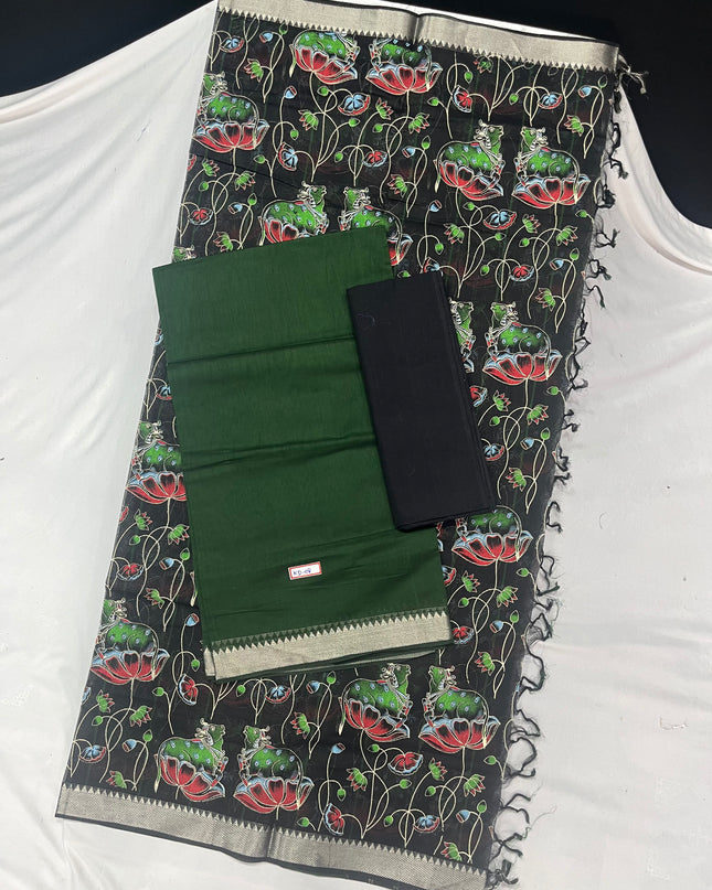 Mangalagiri Cotton Dress Material with Black Chunni with Dark Green Colour