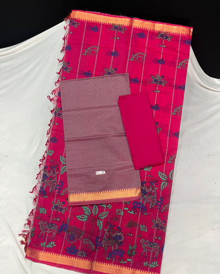 Mangalagiri Cotton Dress Material with Pink Chunni with Onion Green Colour