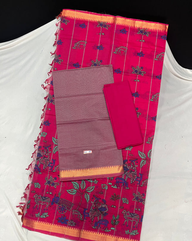 Mangalagiri Cotton Dress Material with Pink Chunni with Onion Green Colour
