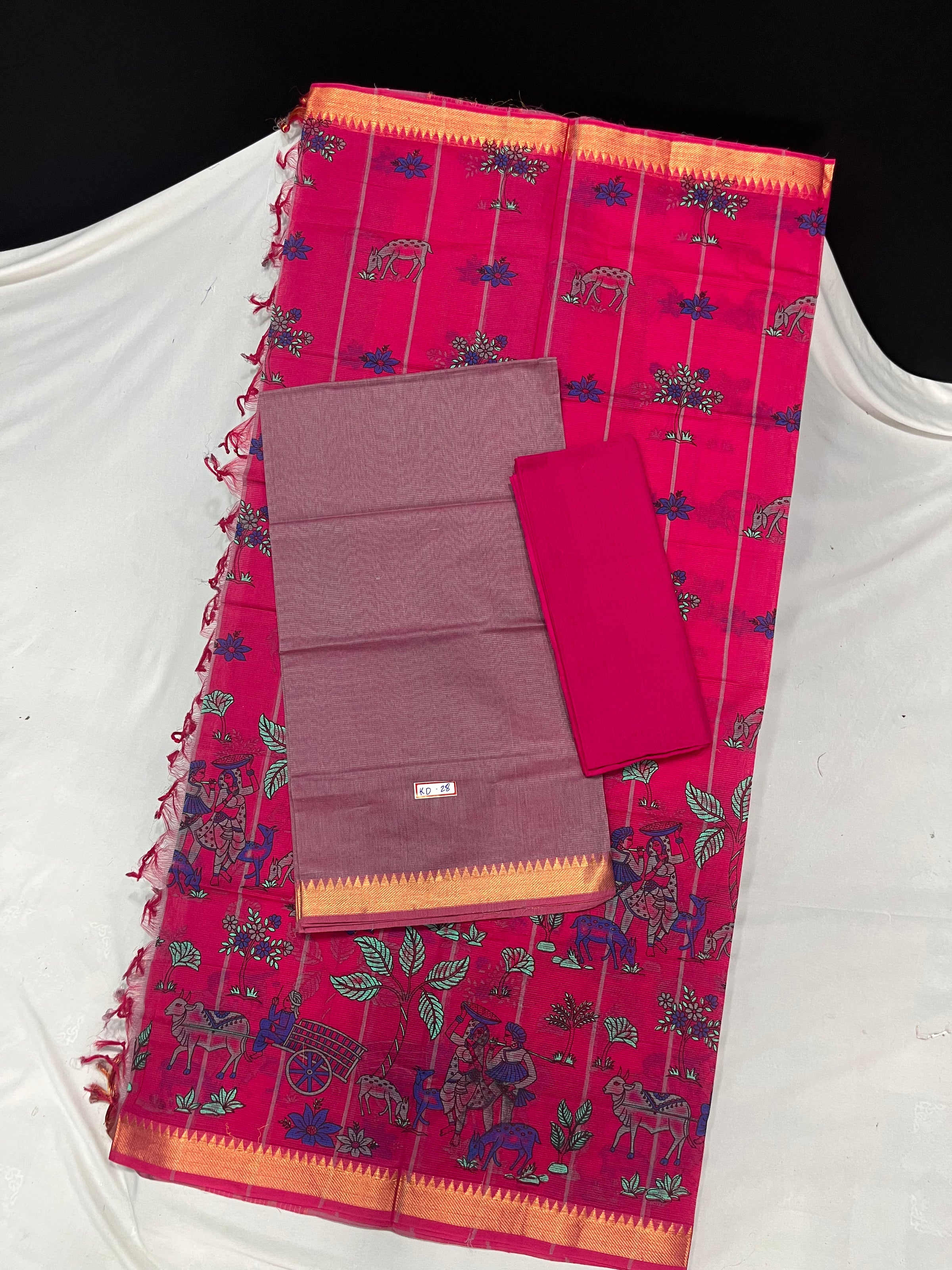 Mangalagiri Cotton Dress Material with Pink Chunni with Onion Green Colour