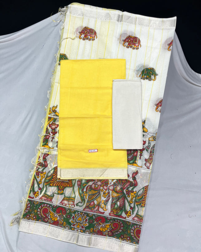 Mangalagiri Cotton Dress Material with White Chunni with Yellow Colour