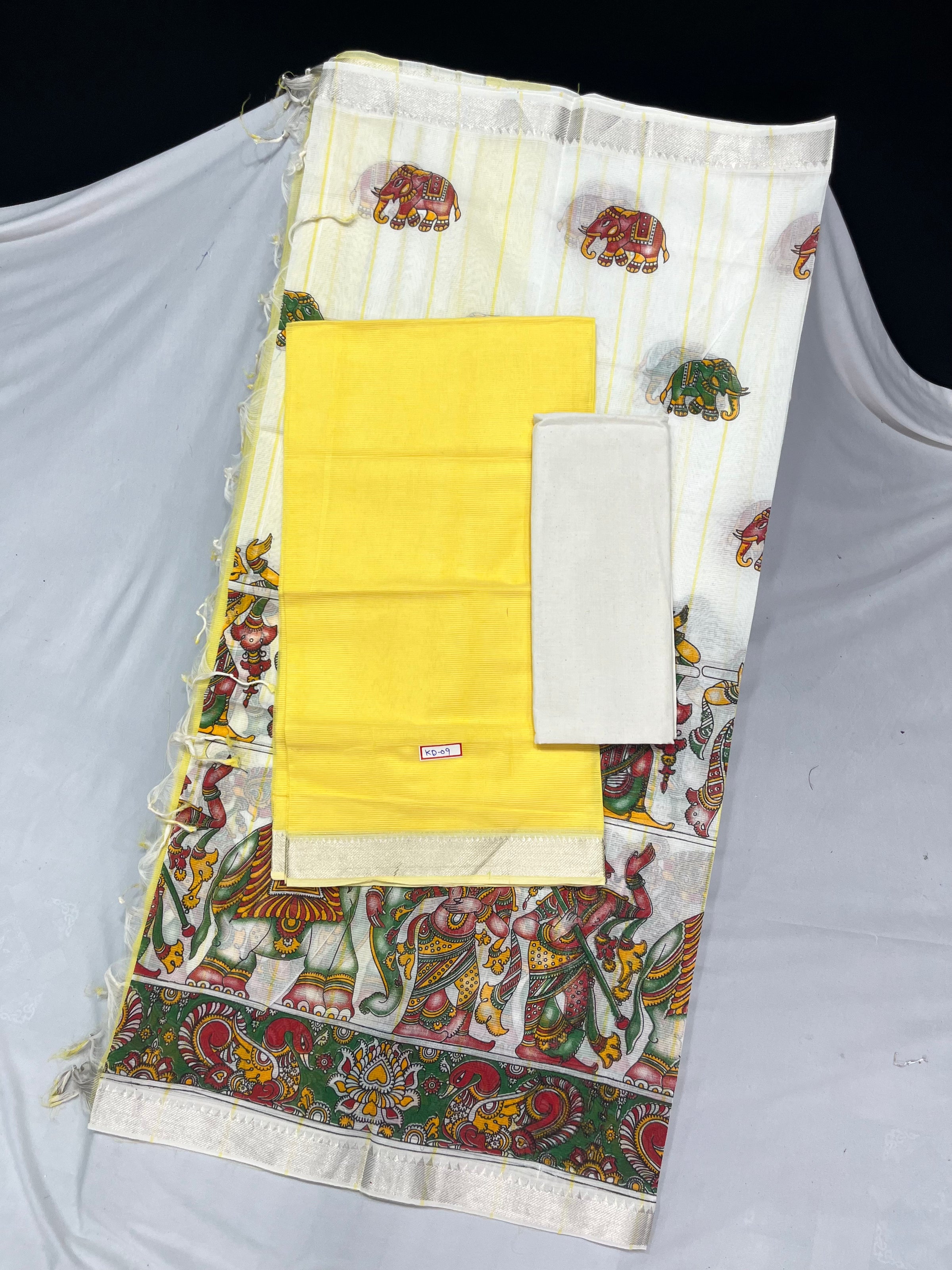 Mangalagiri Cotton Dress Material with White Chunni with Yellow Colour