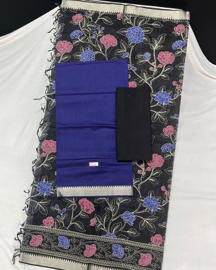 Mangalagiri Cotton Dress Material with Black Chunni with Dark Blue Colour