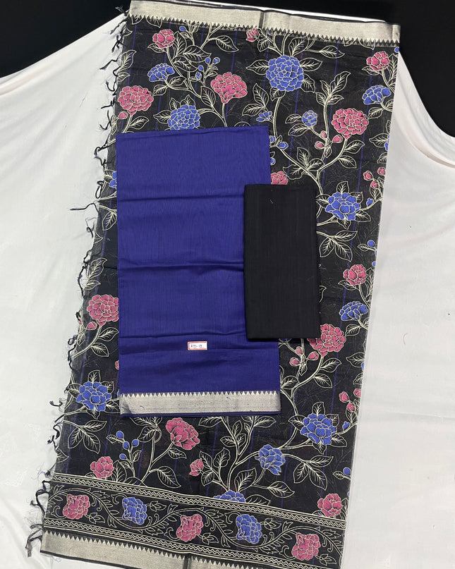 Mangalagiri Cotton Dress Material with Black Chunni with Dark Blue Colour