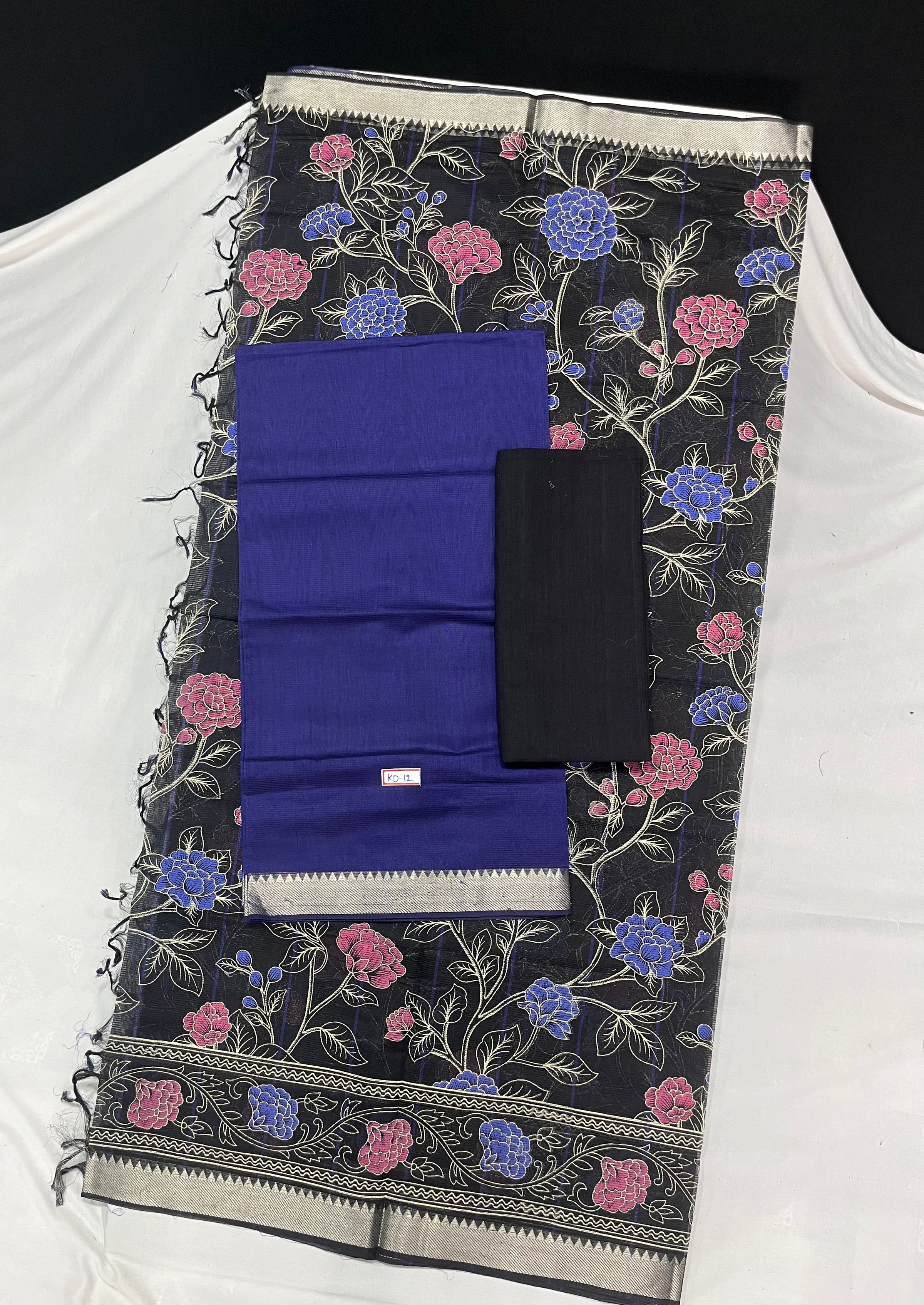 Mangalagiri Cotton Dress Material with Black Chunni with Dark Blue Colour