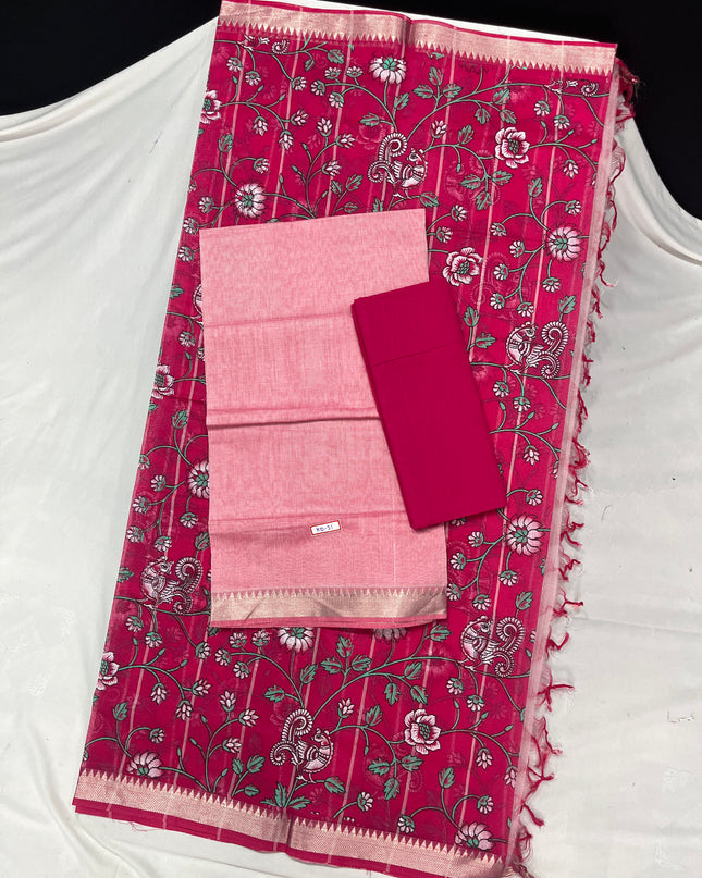 Mangalagiri Cotton Dress Material with Pink Chunni with Baby PInk Colour