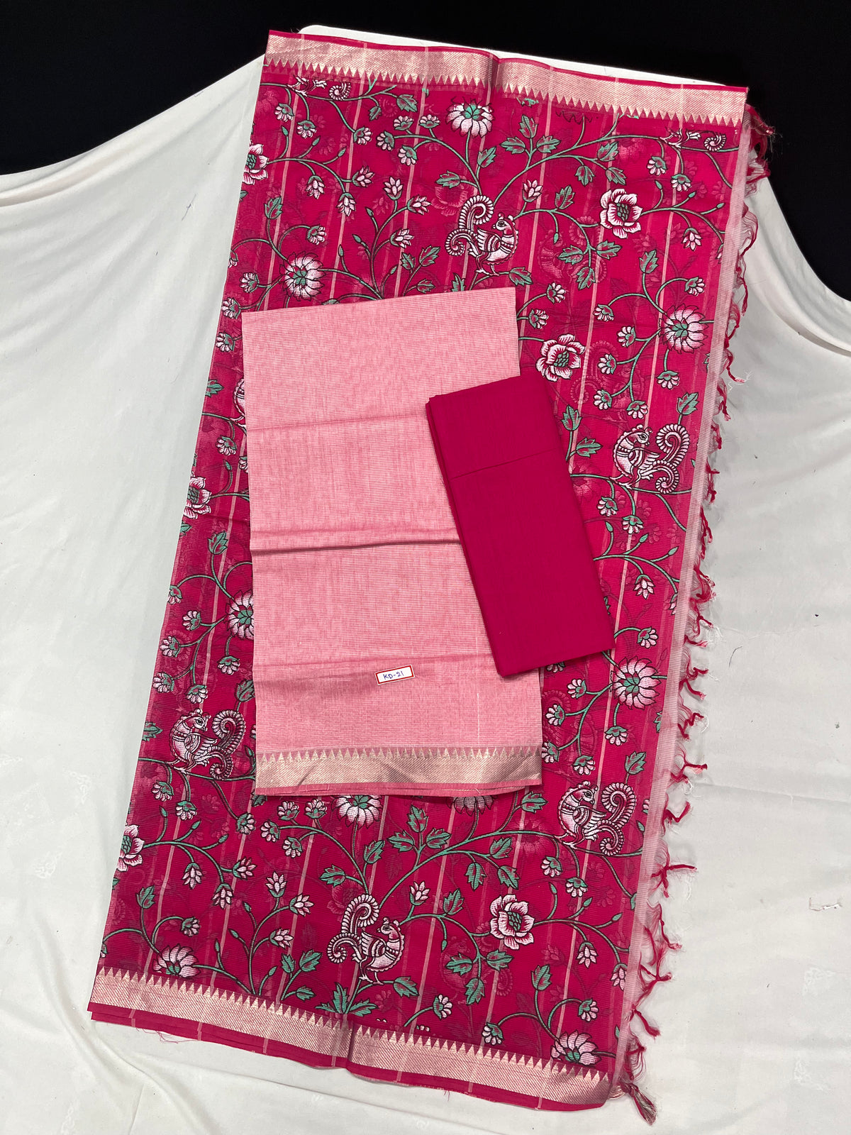 Mangalagiri Cotton Dress Material with Pink Chunni with Baby PInk Colour