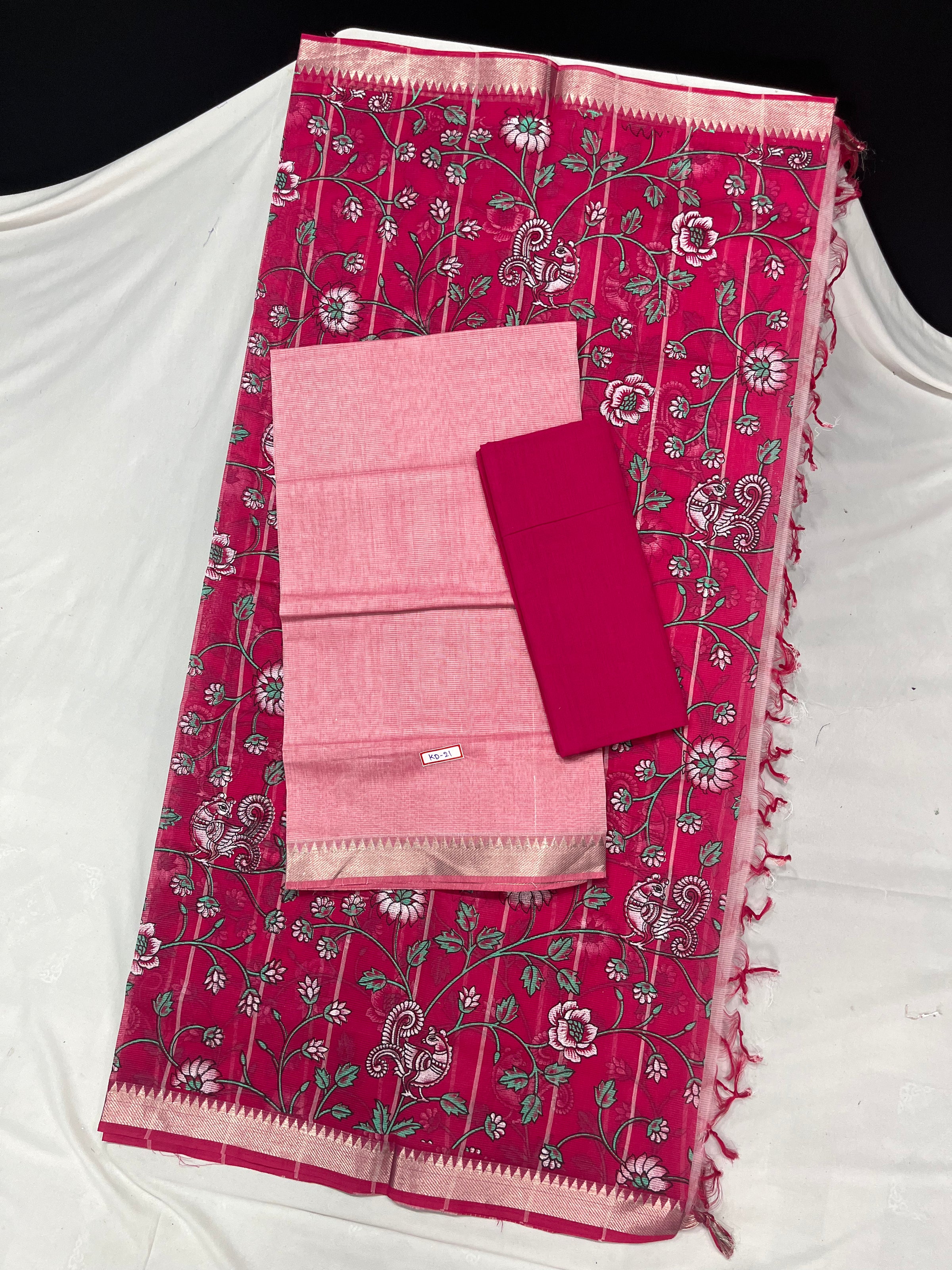 Mangalagiri Cotton Dress Material with Pink Chunni with Baby PInk Colour