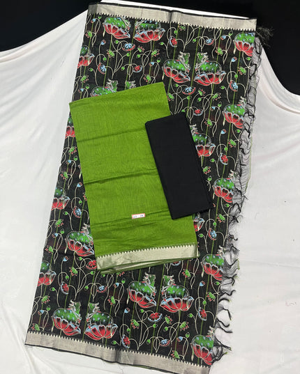 Mangalagiri Cotton Dress Material with Black Chunni with Green Colour