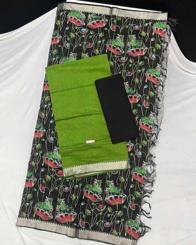 Mangalagiri Cotton Dress Material with Black Chunni with Green Colour