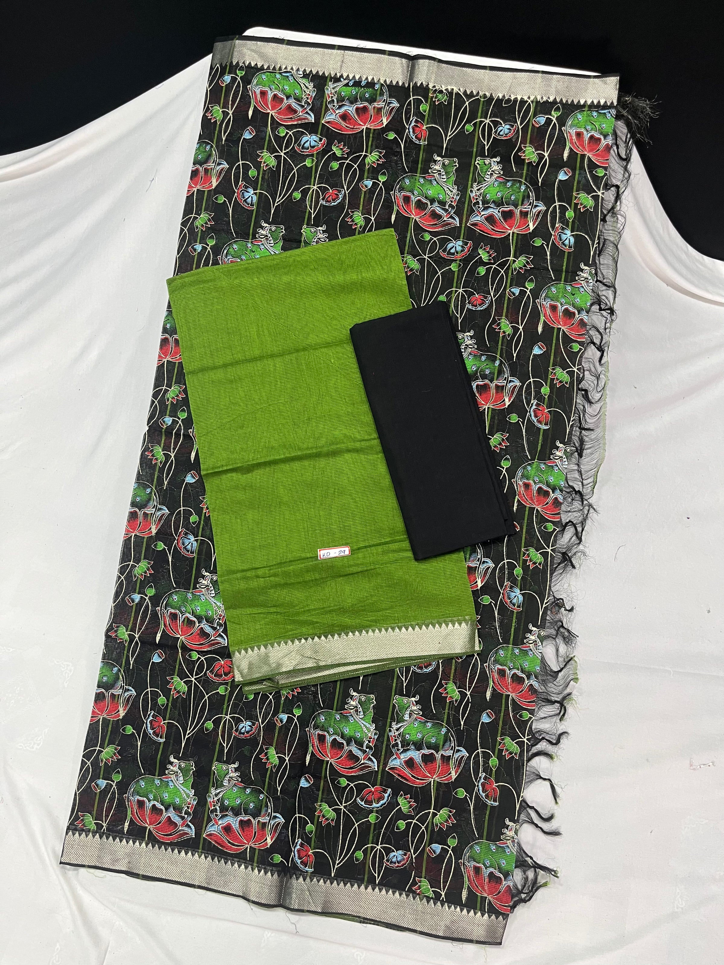 Mangalagiri Cotton Dress Material with Black Chunni with Green Colour